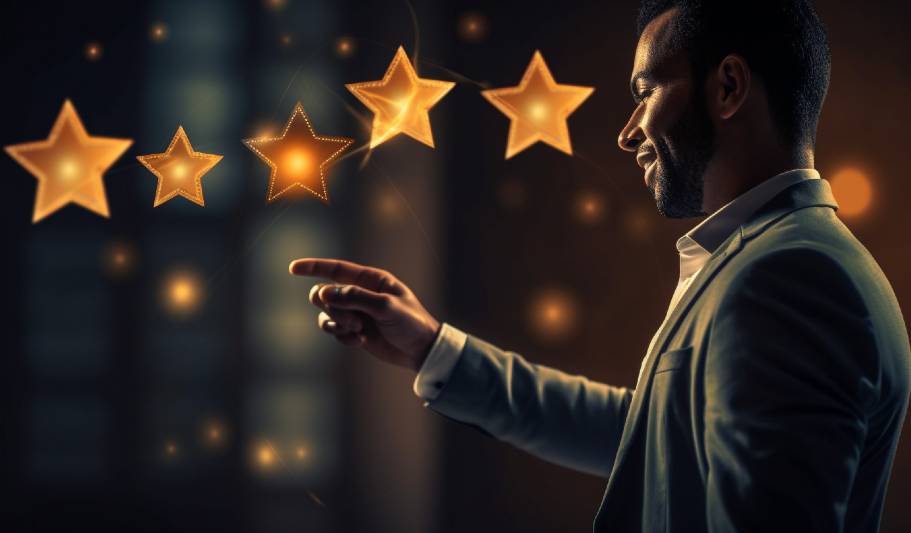 Businessman reviewing five-star client ratings representing CIENCE's most-reviewed B2B company status on Clutch
