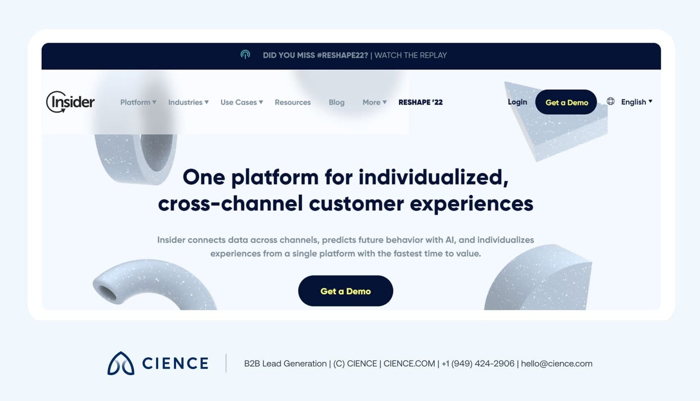Insider unified CDP showing connect, predict, and individualize modules with AI-powered segmentation and cross-channel personalization tools