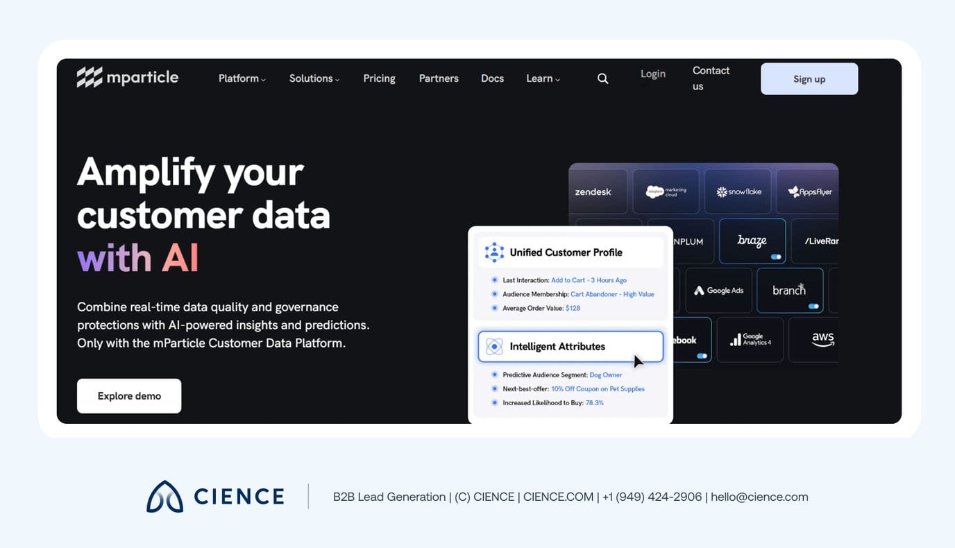 mParticle AI-powered CDP showing secure API data collection, unified customer profile synchronization, and evolving audience management