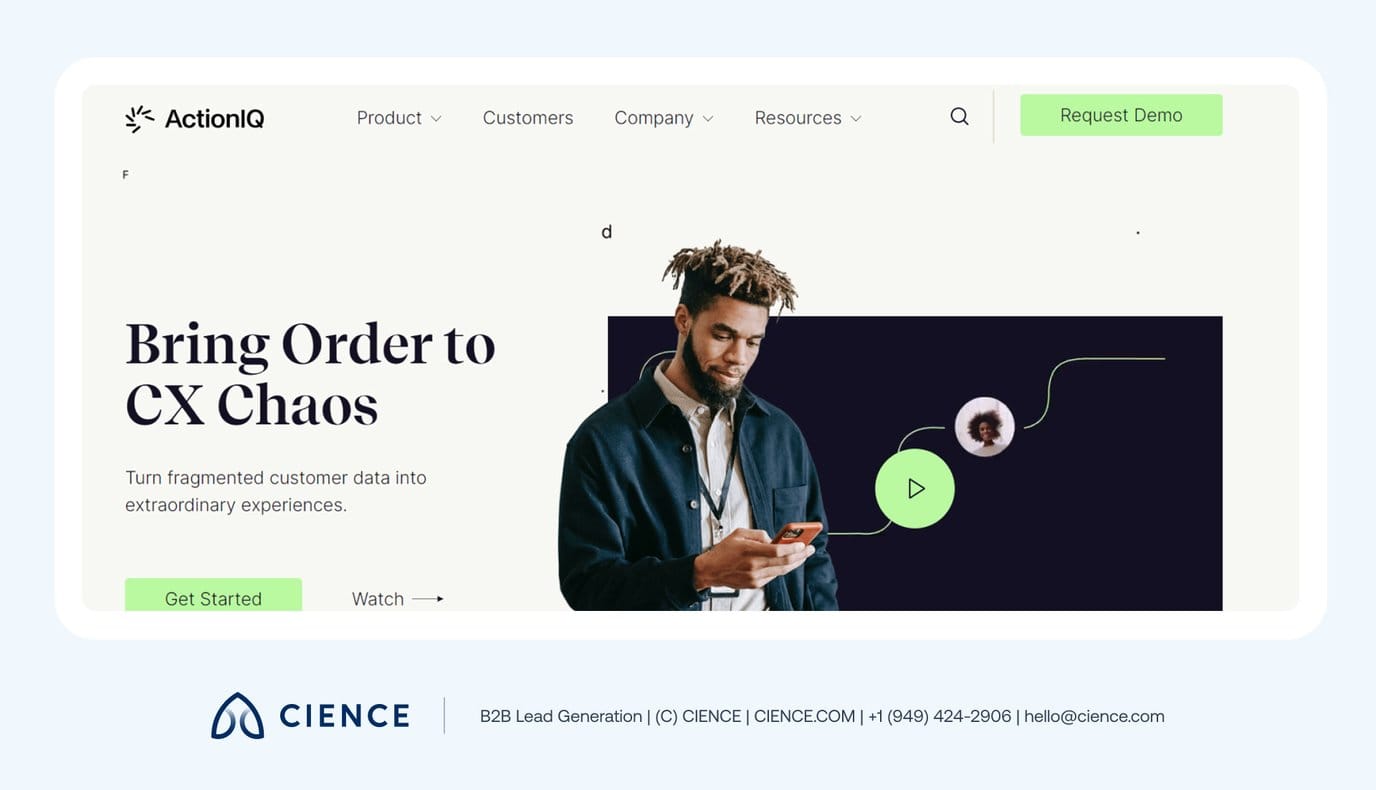 ActionIQ enterprise CDP showing data governance management, multichannel audience activation, and real-time live performance monitoring