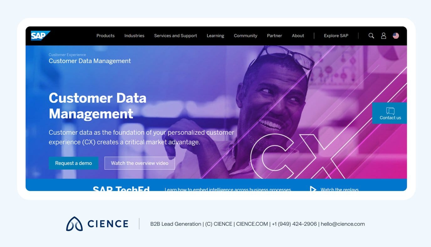 SAP customer data platform showing enterprise permission-based data collection, back-office integration for 360-degree lead view, and insight activation tools