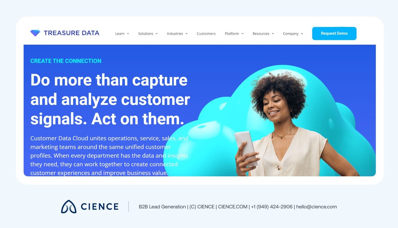 Treasure Data enterprise CDP showing 180-plus out-of-the-box connectors, real-time data analytics, and enterprise-grade security and privacy controls