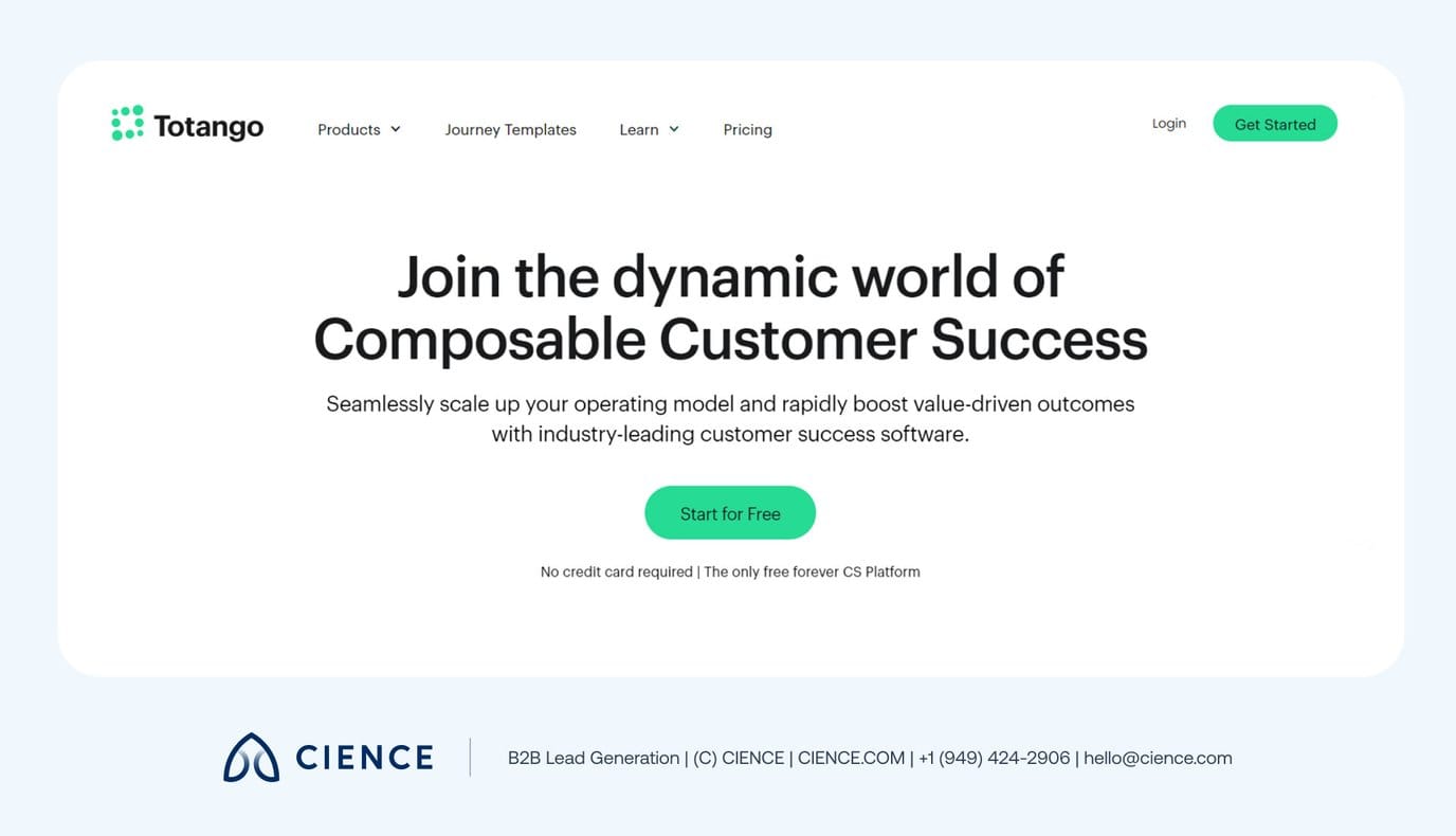 Totango intelligent CDP showing 360-degree customer health scores, Salesforce and Netsuite financial data integration, and behavioral analytics dashboard