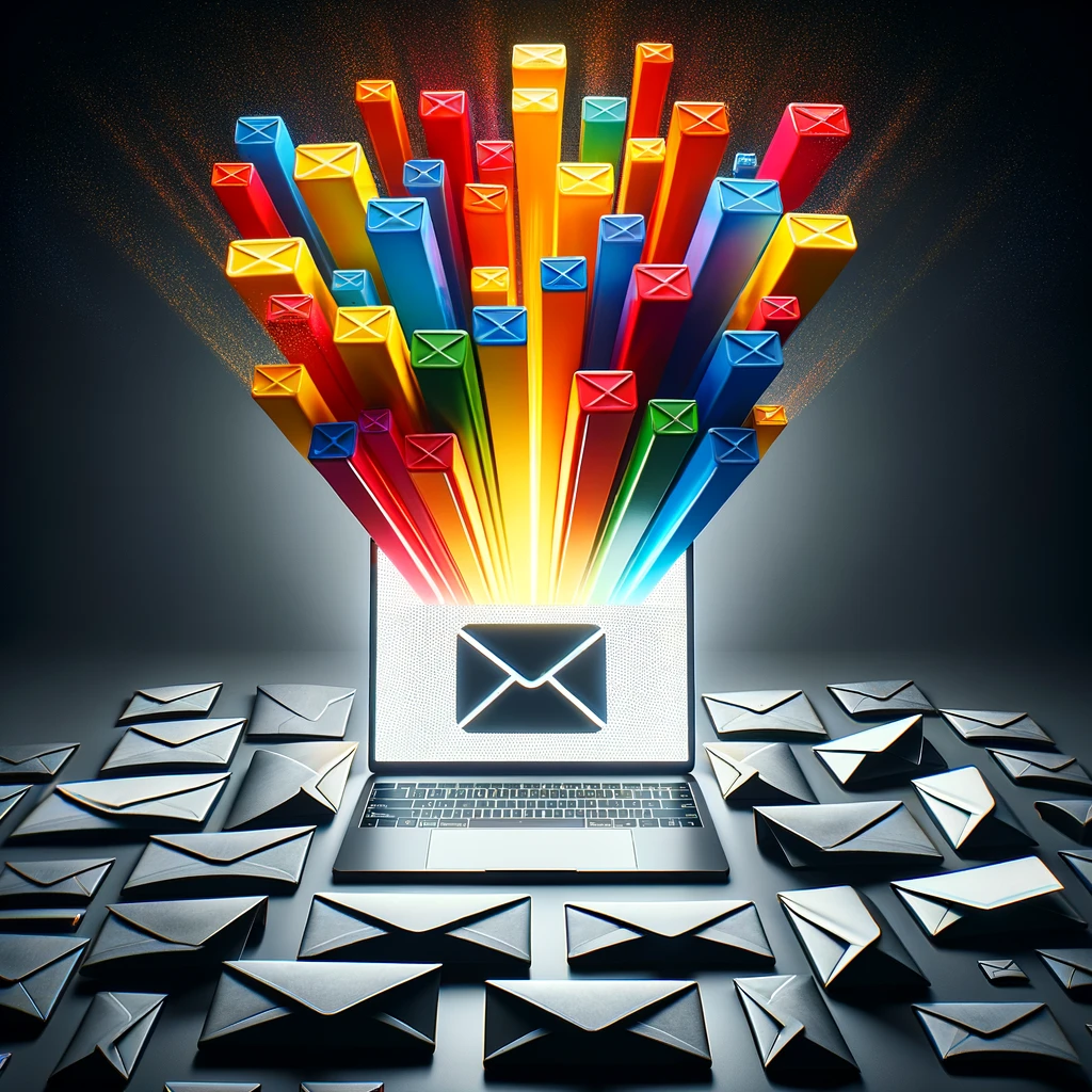 B2B email marketing volume concept showing hundreds of emails exploding out of a screen, representing the challenge of standing out among 306 billion daily emails