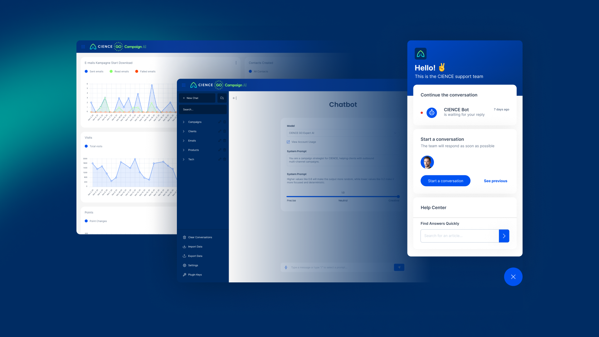 CIENCE GO Campaign AI platform dashboard showing multi-channel outreach campaign management