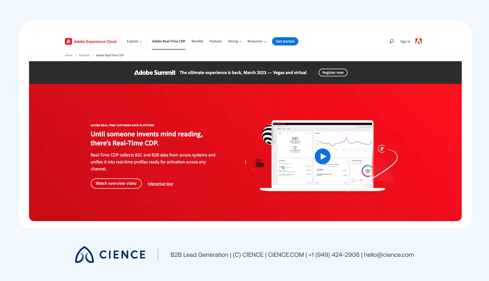 Adobe Real-Time CDP dashboard showing unified B2B customer profiles, prebuilt channel integrations, and configurable data governance framework