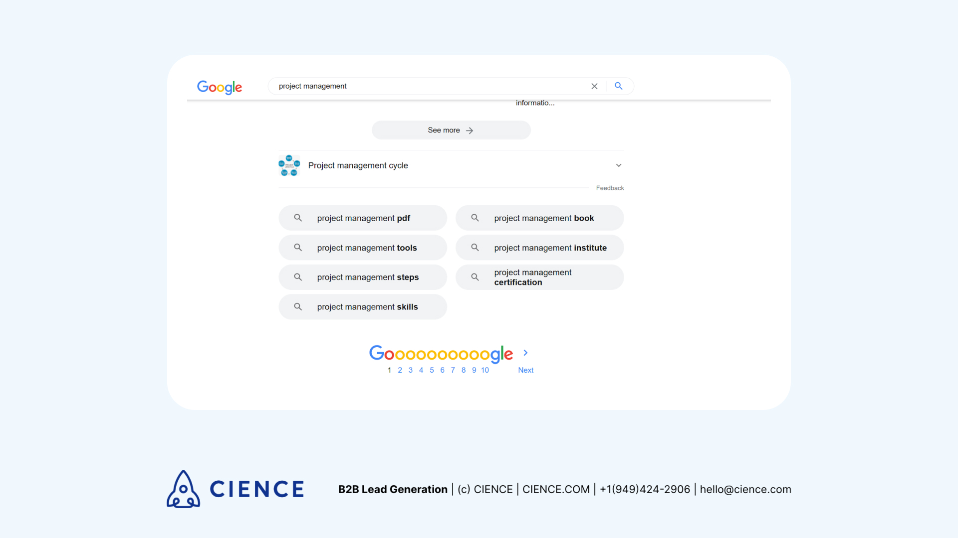 Google related searches showing mixed intent — project management tools (commercial) vs. project management steps (informational)