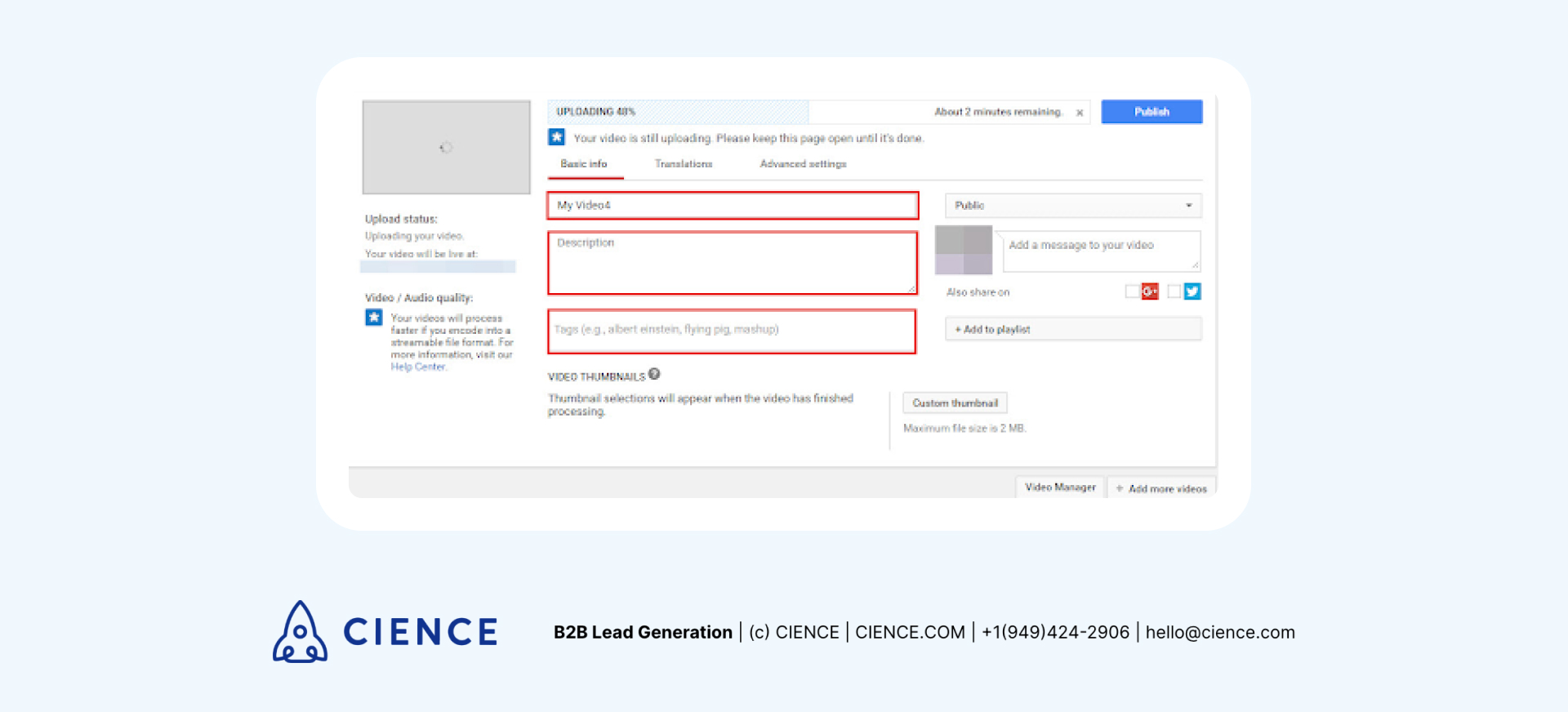 YouTube Studio title editor showing keyword-optimized B2B video title entry field